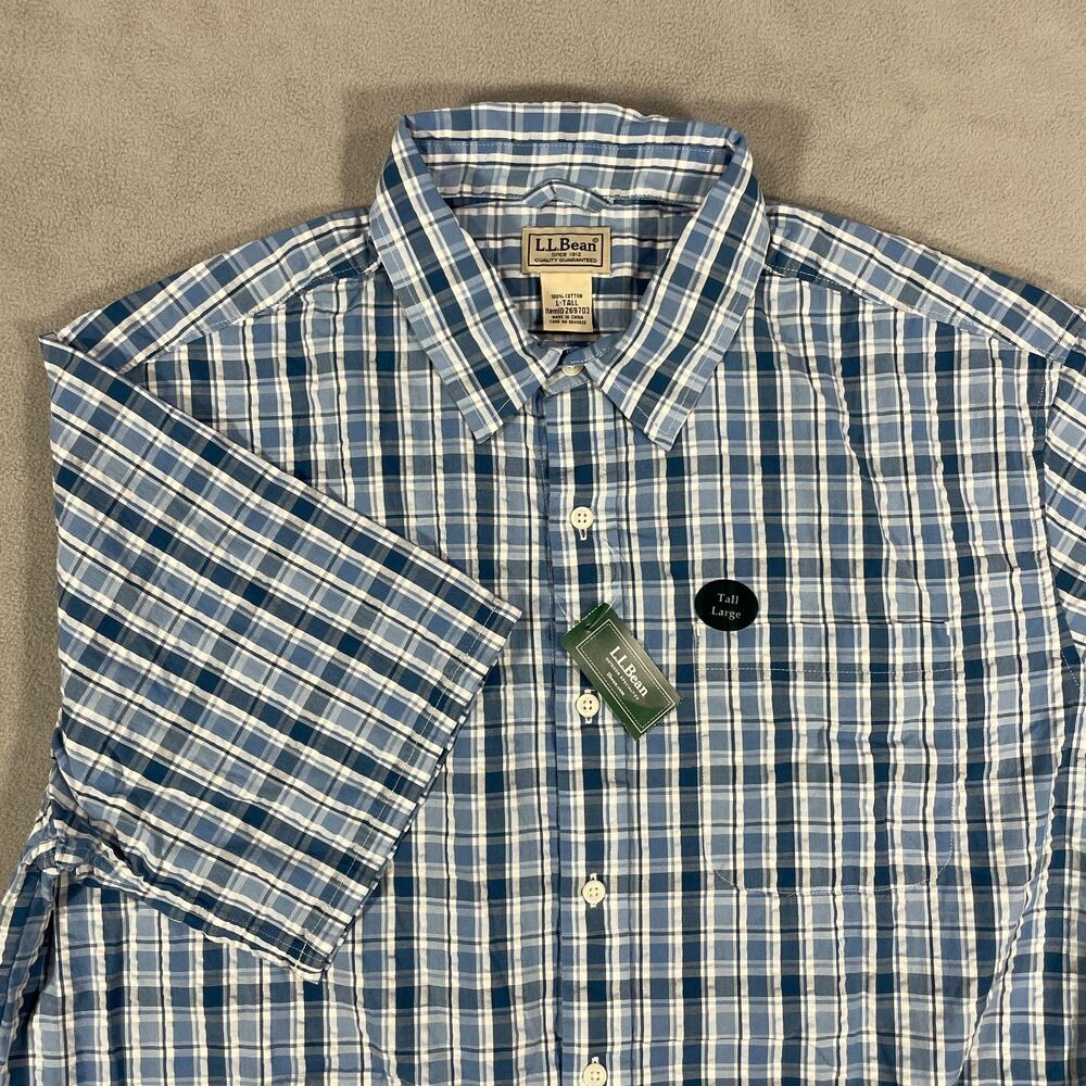 NWT LL Bean Mens Large Tall Blue Plaid Seersucker Short Sleeve Button Up Shirt